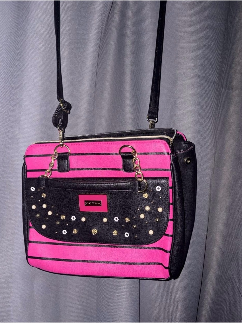 Black & Hot Pink Studded Crossbody Bag